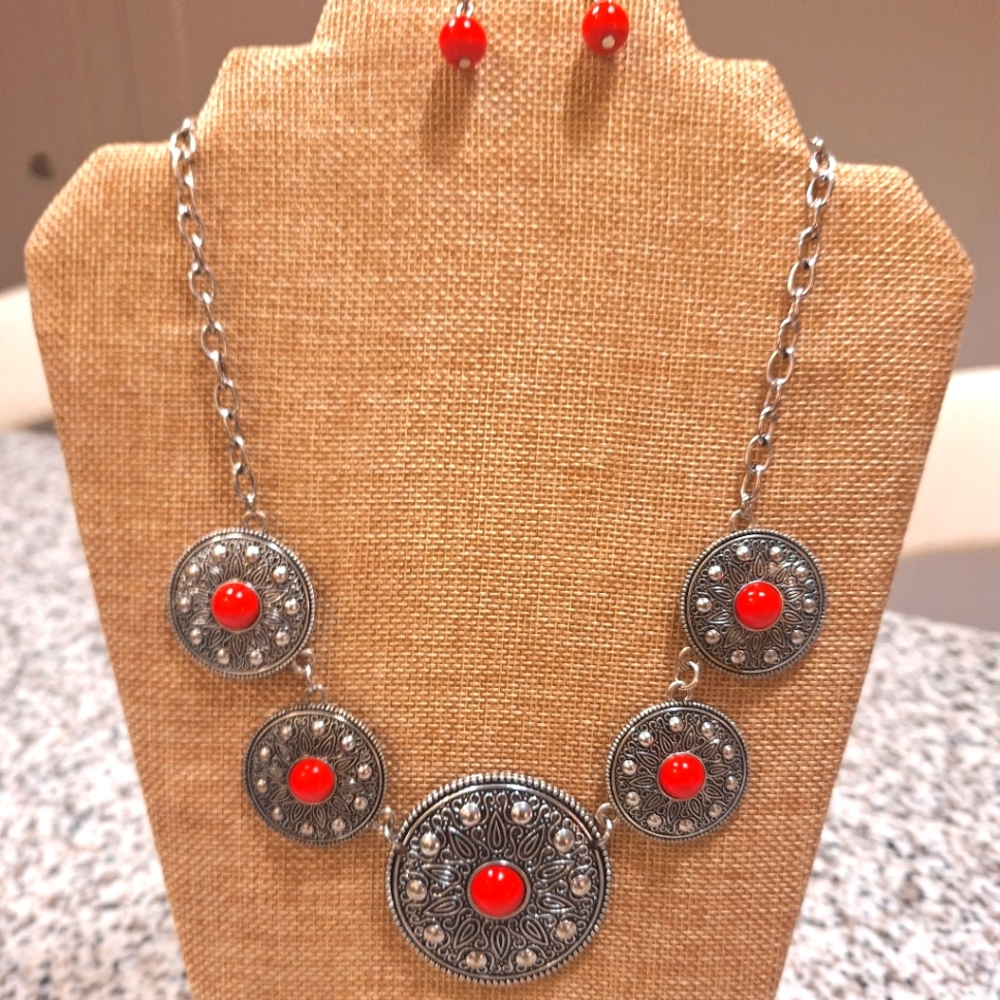 Siver n Red Necklace and Earrings set